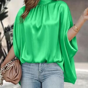 Elegant Satin Dolman Blouse in Bright Green